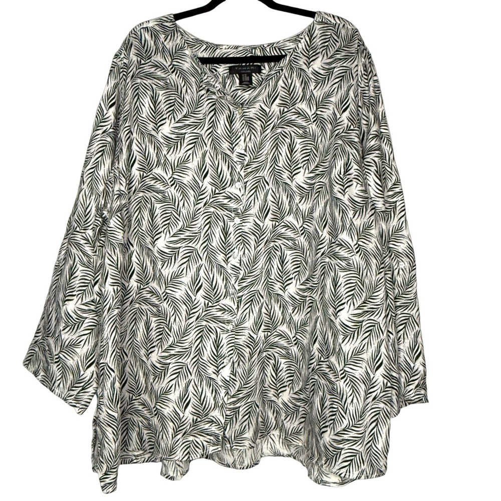 Tahari 100% Linen‎ Shirt 3X Button Down Roll Tab Sleeve Black White Tunic